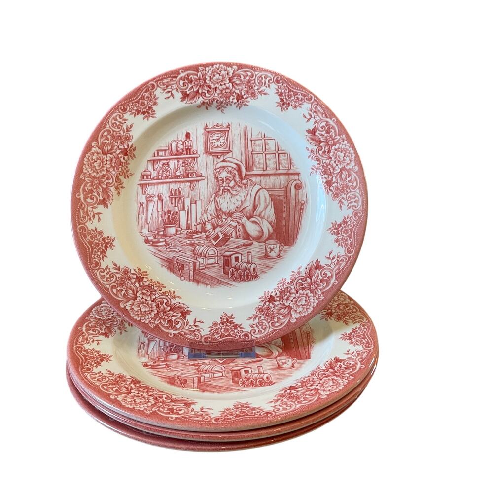 4pc Royal Stafford Christmas SANTA'S WORKSHOP Porcelain Dinner Plates 11" Red - Picture 14 of 15